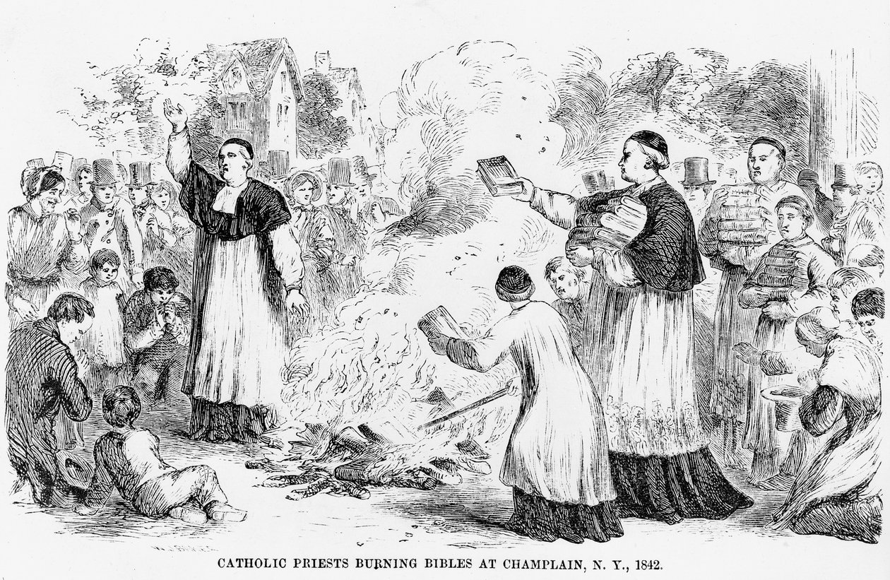 Prêtres catholiques brûlant des bibles à Champlain, New York, illustration d