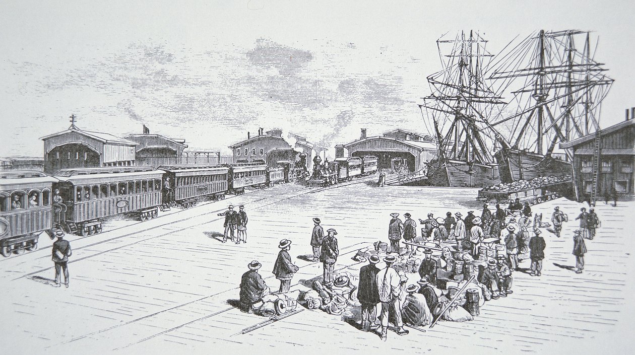 Immigrants chinois arrivant à San Francisco pour travailler sur le chemin de fer transcontinental dans les années 1860 - American School