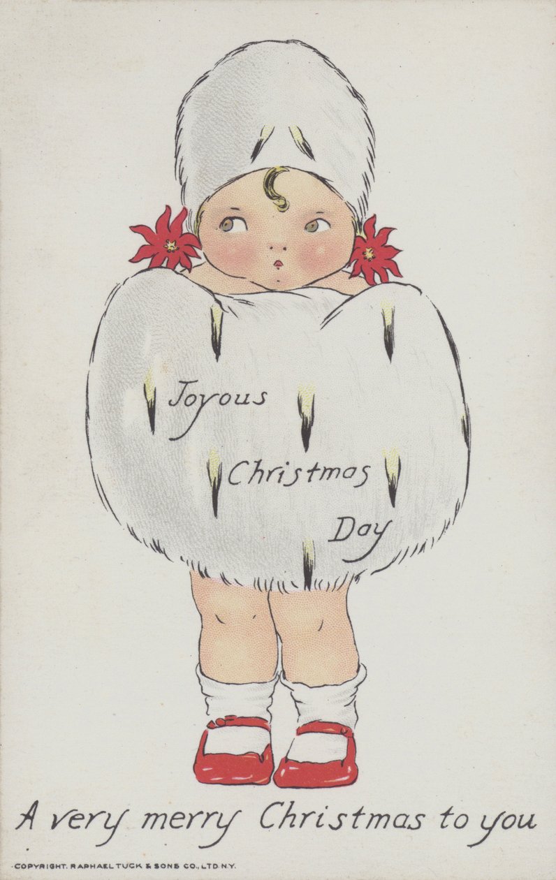 Carte de vœux de Noël représentant un enfant avec un manchon et un chapeau en fourrure de Noël. (chromolitho) - American School