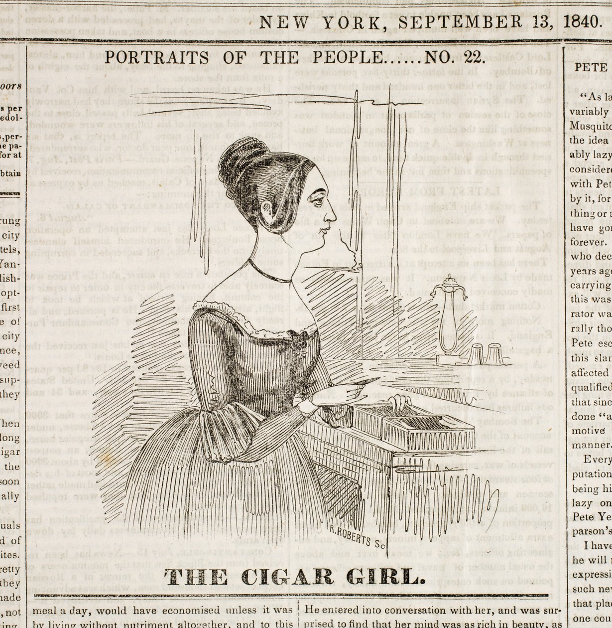 Cigar Girl, première page du "New York Sunday Atlas", 13 septembre 1840 - American School