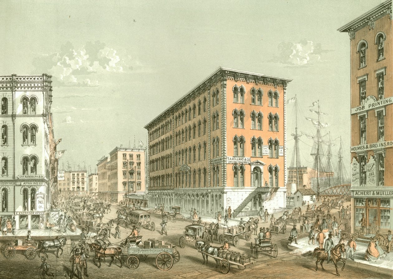 Coin de Clark et South Water Street, de Chicago Illustrated, avec descriptions littéraires par James W. Sheahan, publié par Jevne & Almini, Chicago, 1866-67 - American School