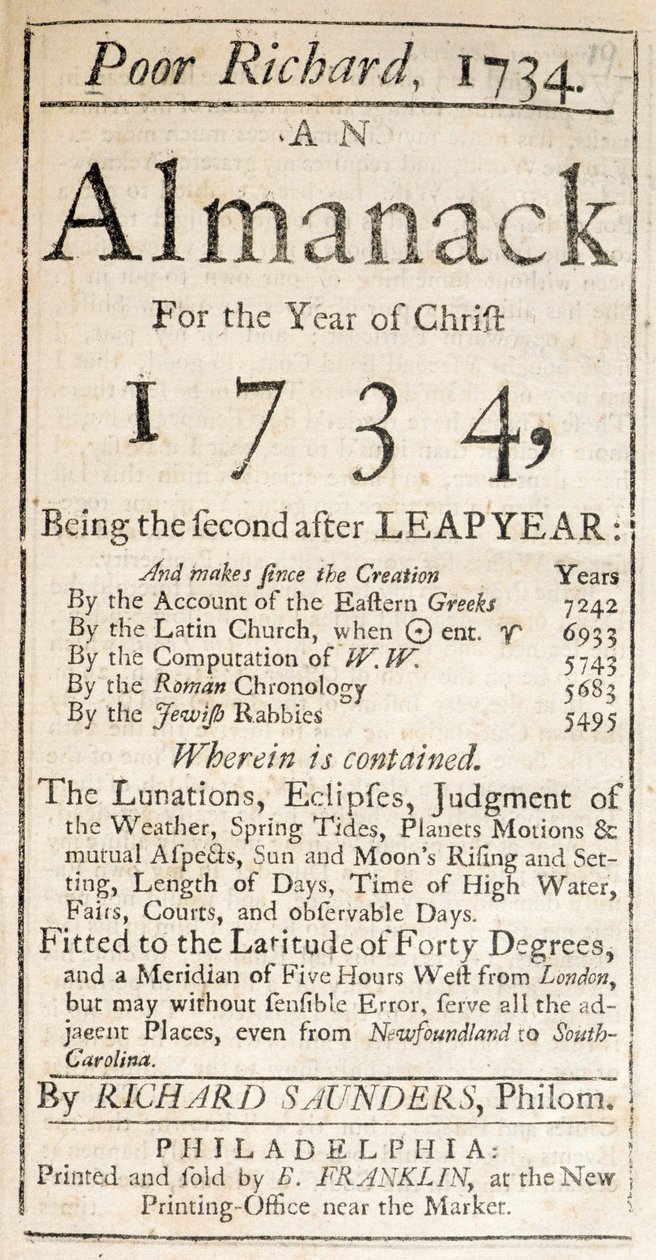 Couverture de Poor Richard, un almanach, 1734 - American School