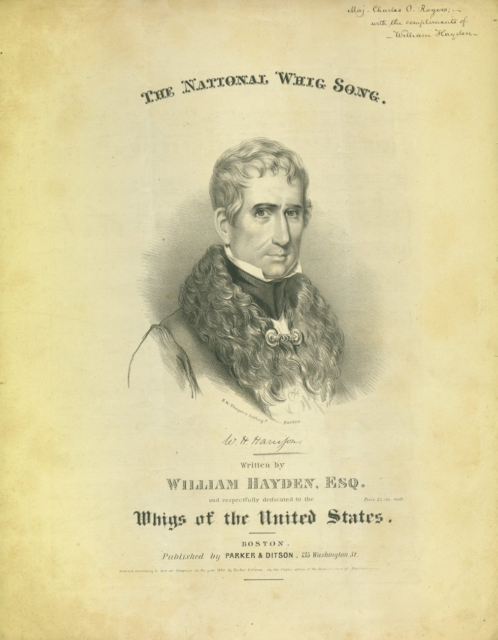 Couverture de la feuille The National Whig Song, par William Hayden, publiée par Parker & Diston, Boston, 1840 - American School