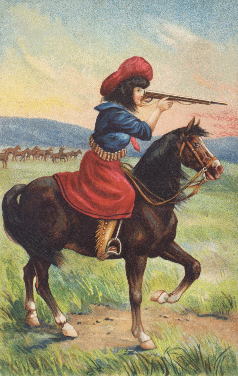Cowgirl à cheval visant un fusil (chromolitho) - American School