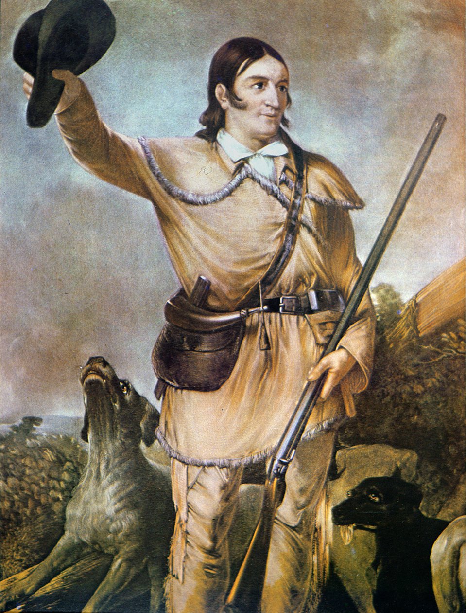 David (Davy) Crockett (1786-1836) avec ses chiens de chasse en 1836 - American School
