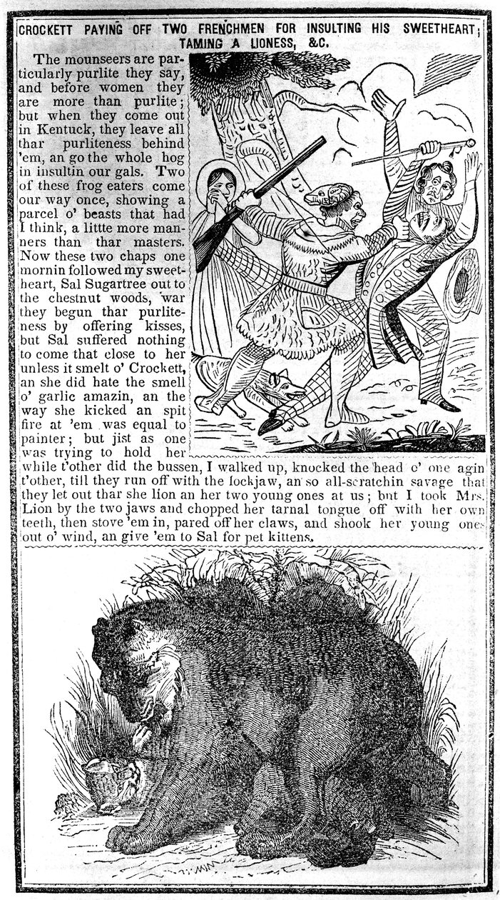 Davy Crockett payant deux Français pour avoir insulté sa bien-aimée, apprivoisant une lionne, etc., illustration tirée de l