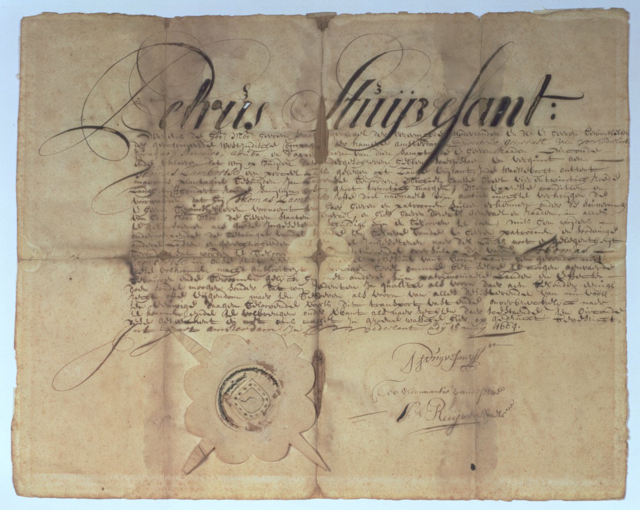 Acte signé par Peter Stuyvesant, Directeur Général de la Nouvelle-Néerlande, 15 mai 1664 - American School