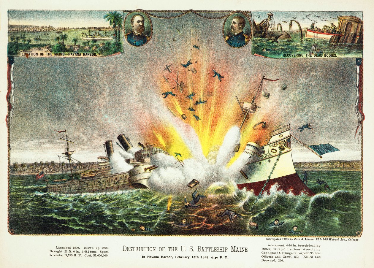 Destruction du cuirassé américain Maine dans le port de La Havane le 15 février 1898, publié en 1898 - American School