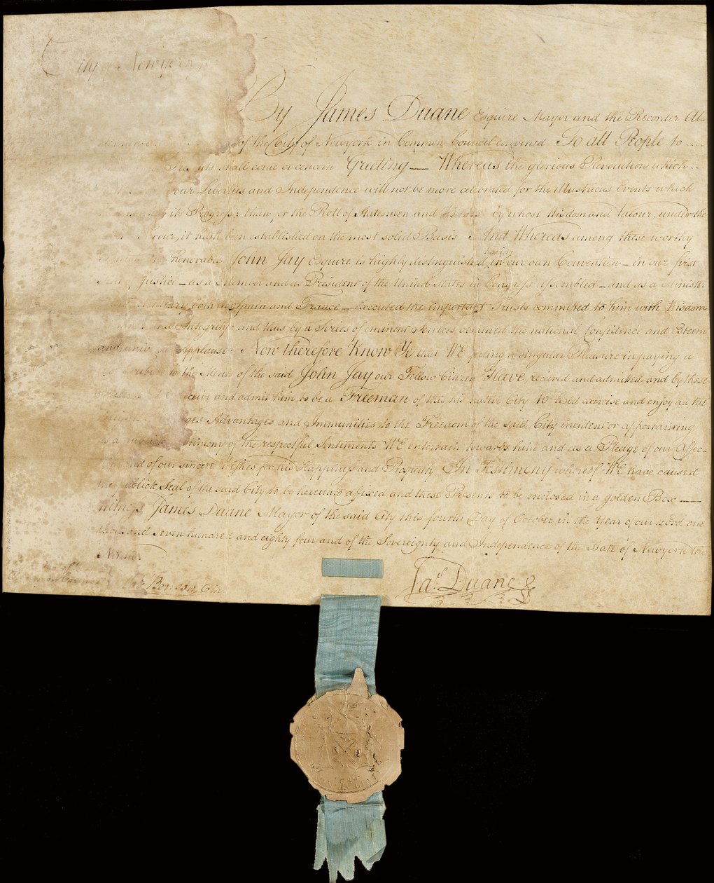 Proclamation engrossée accordant la liberté de la ville à John Jay - American School
