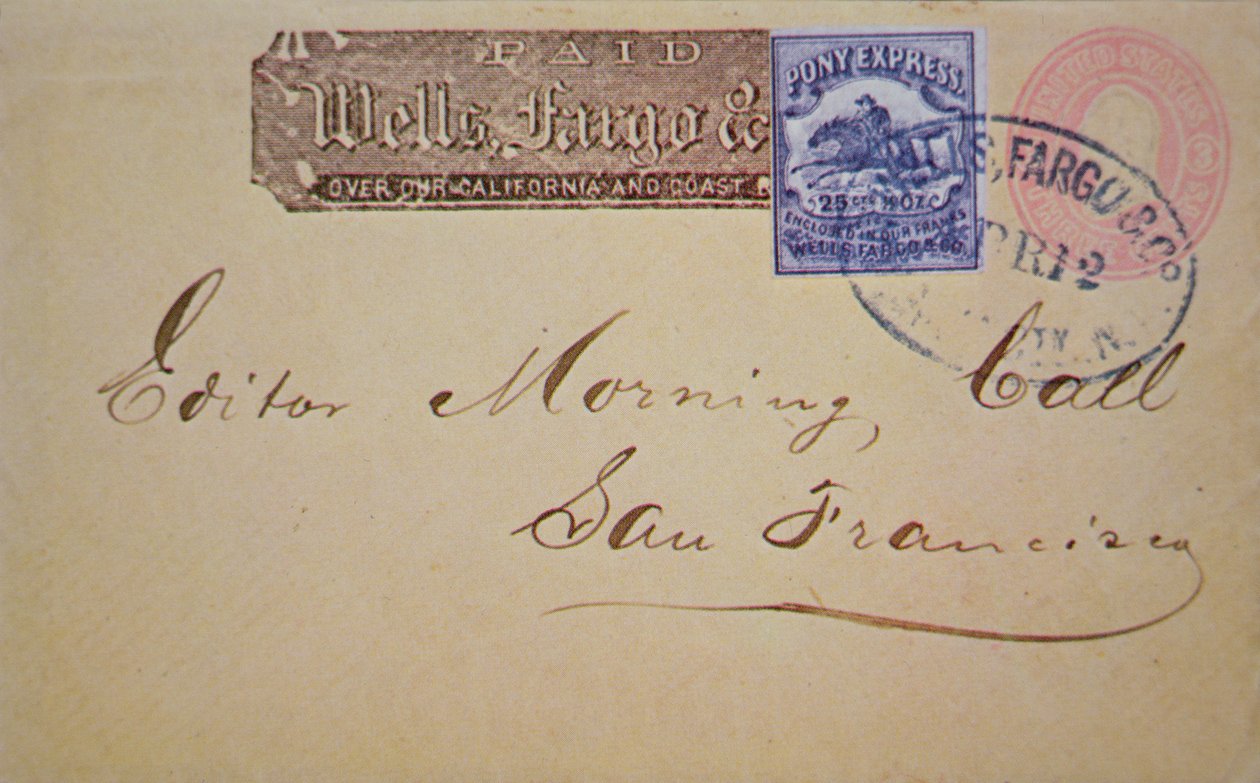 Enveloppe avec timbre Pony Express de Wells Fargo attaché - American School