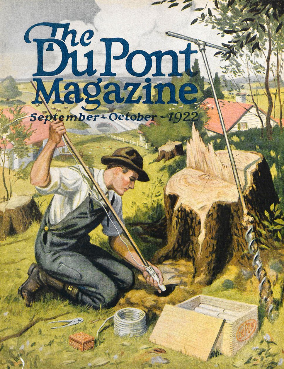 Agriculteur plantant de la dynamite DuPont, couverture du DuPont Magazine, septembre-octobre 1922 - American School