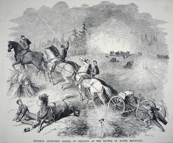 Artillerie fédérale prenant position à la bataille de South Mountain, septembre 1862 (gravure) - American School