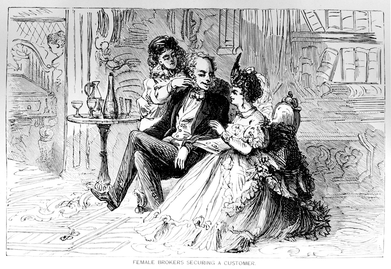 Courtières sécurisant un client, illustration tirée de Les taureaux et les ours de New York, par Matthew Hale Smith 1873 - American School