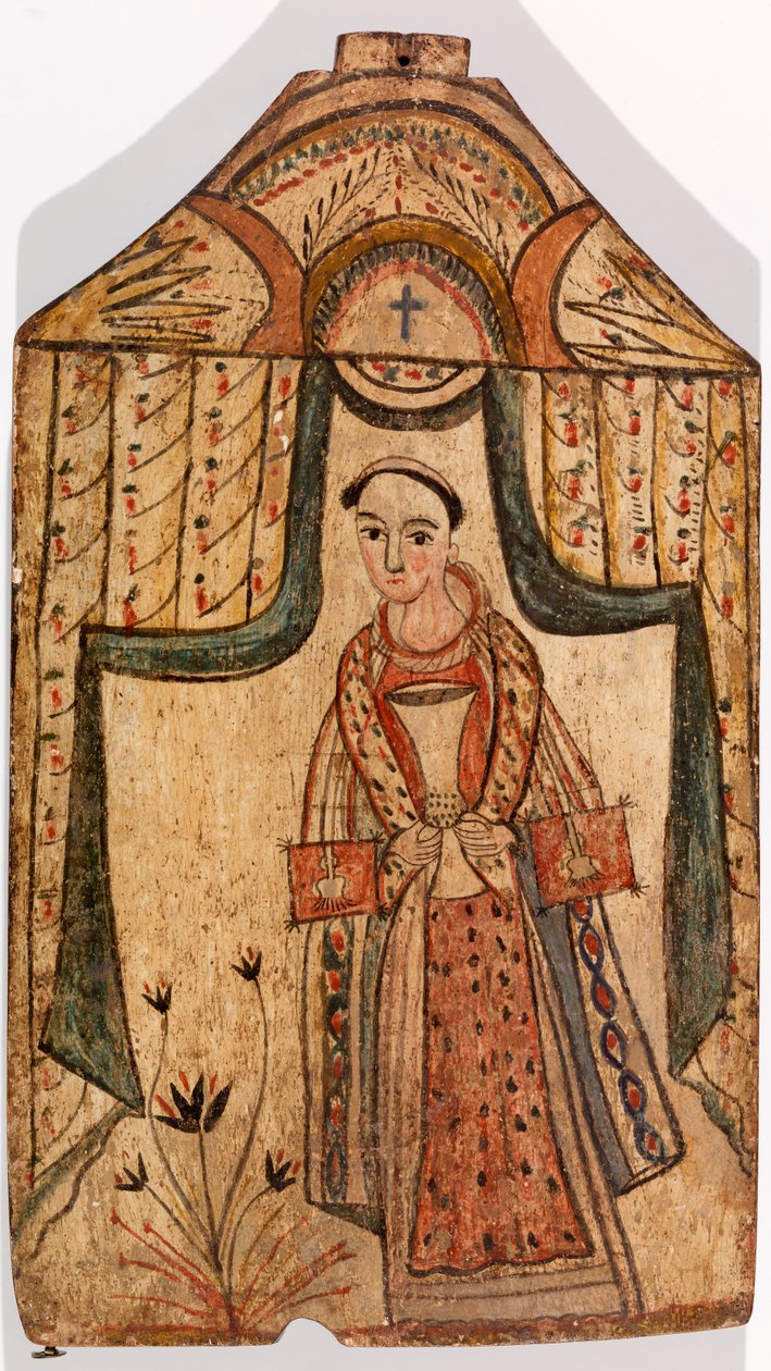 Figure et plante entre des rideaux tirés - American School