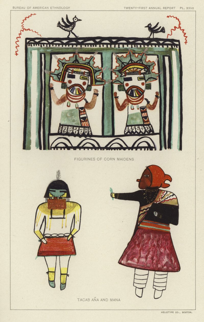 Figurines de jeunes filles du maïs, Tacab Ana et Mana (lithographie couleur) - American School