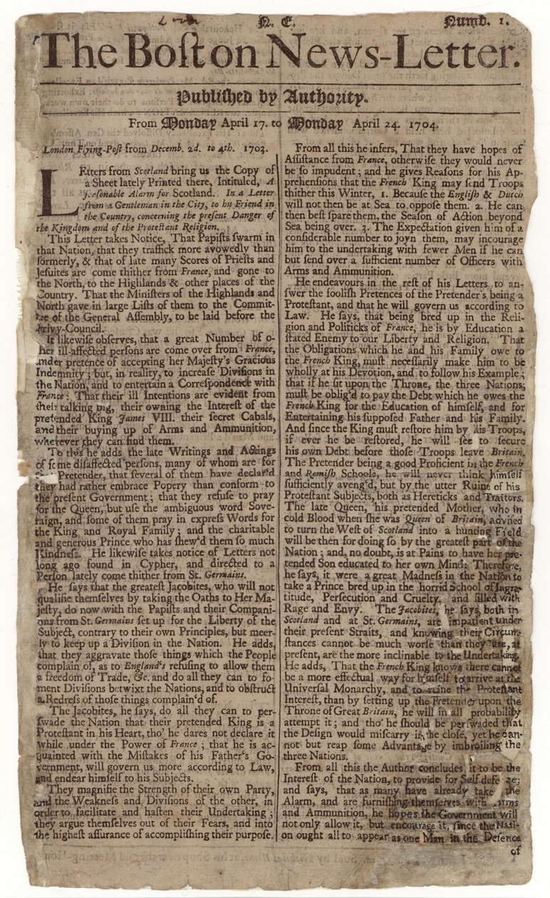 Premier numéro du Boston News-Letter, 1704 - American School