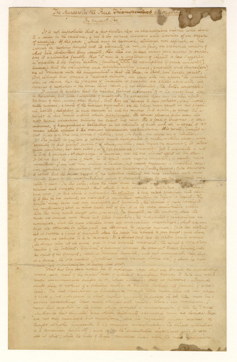 Première page des Meurtres de la rue Morgue par Edgar Allan Poe, 1841 - American School