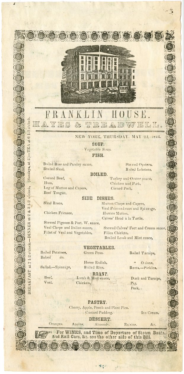 Menu de la Maison Franklin pour le 23 Mai 1844, 1844 - American School