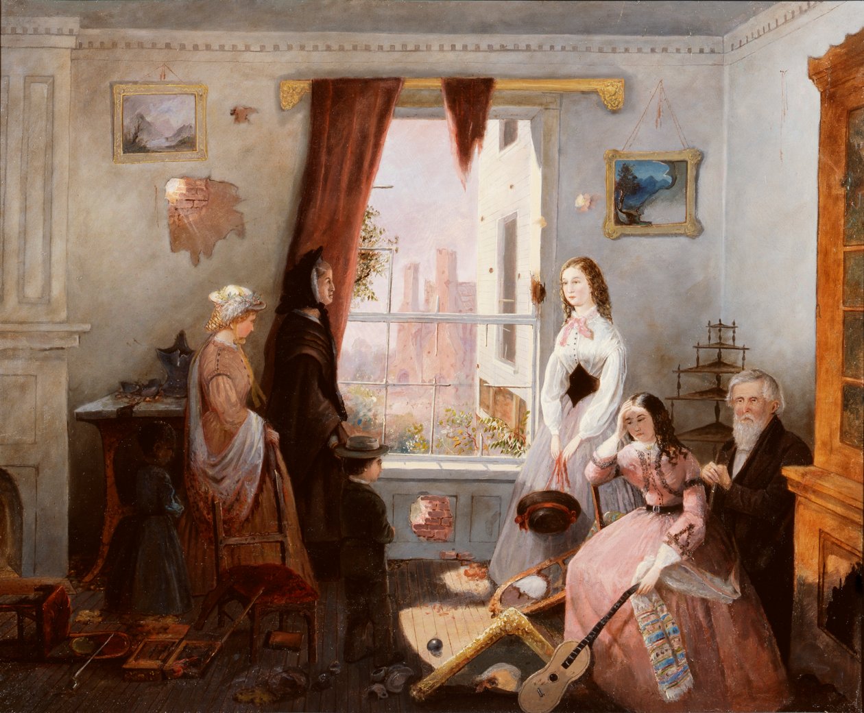 Famille de Fredericksburg dans une maison détruite par la guerre (huile sur carton) - American School