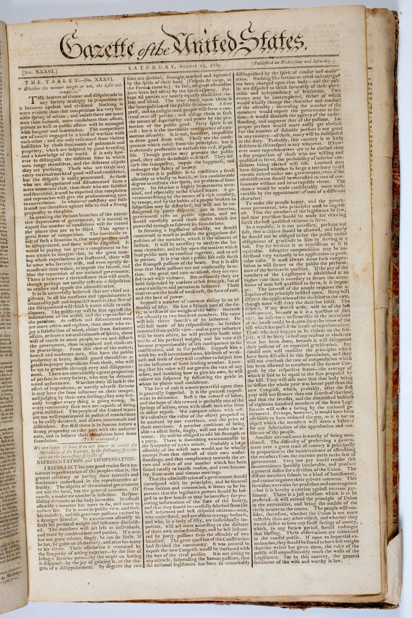 Première page de la Gazette des États-Unis, 15 avril 1789 - American School