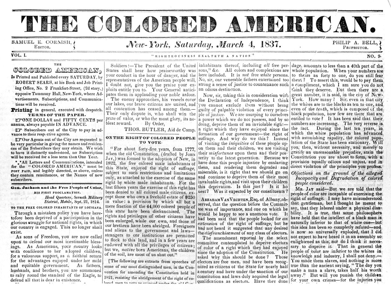 Première page de The Colored American, 4 mars 1867 - American School