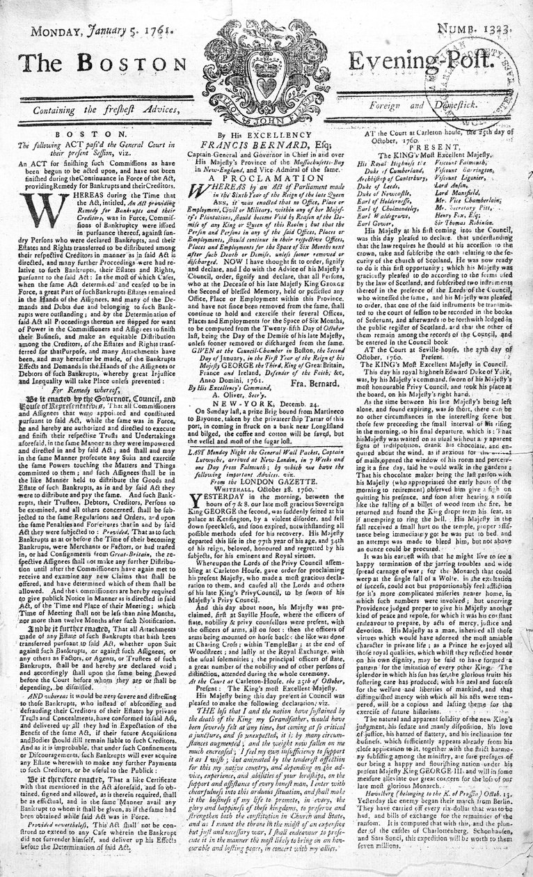 Première page du Boston Evening Post annonçant la mort du roi George II (1683-1760), 5 janvier 1761 - American School