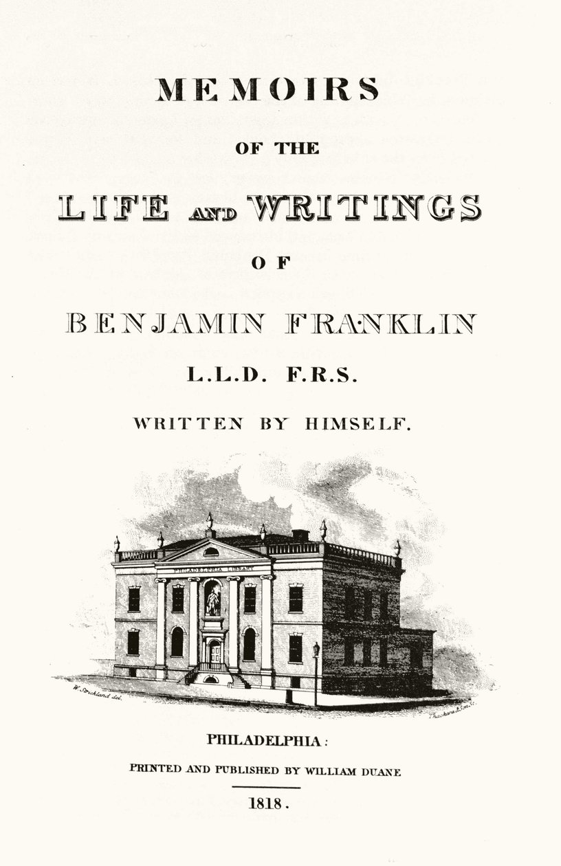 Frontispice des Mémoires de la vie et des écrits de Benjamin Franklin, autobiographie de Benjamin Franklin. Édition de 1818. - American School