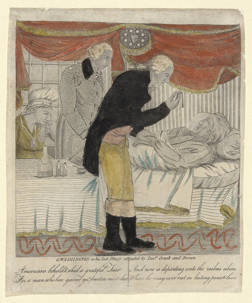 G. Washington dans sa dernière maladie, assisté par les Drs Craik et Brown, publié vers 1800 - American School