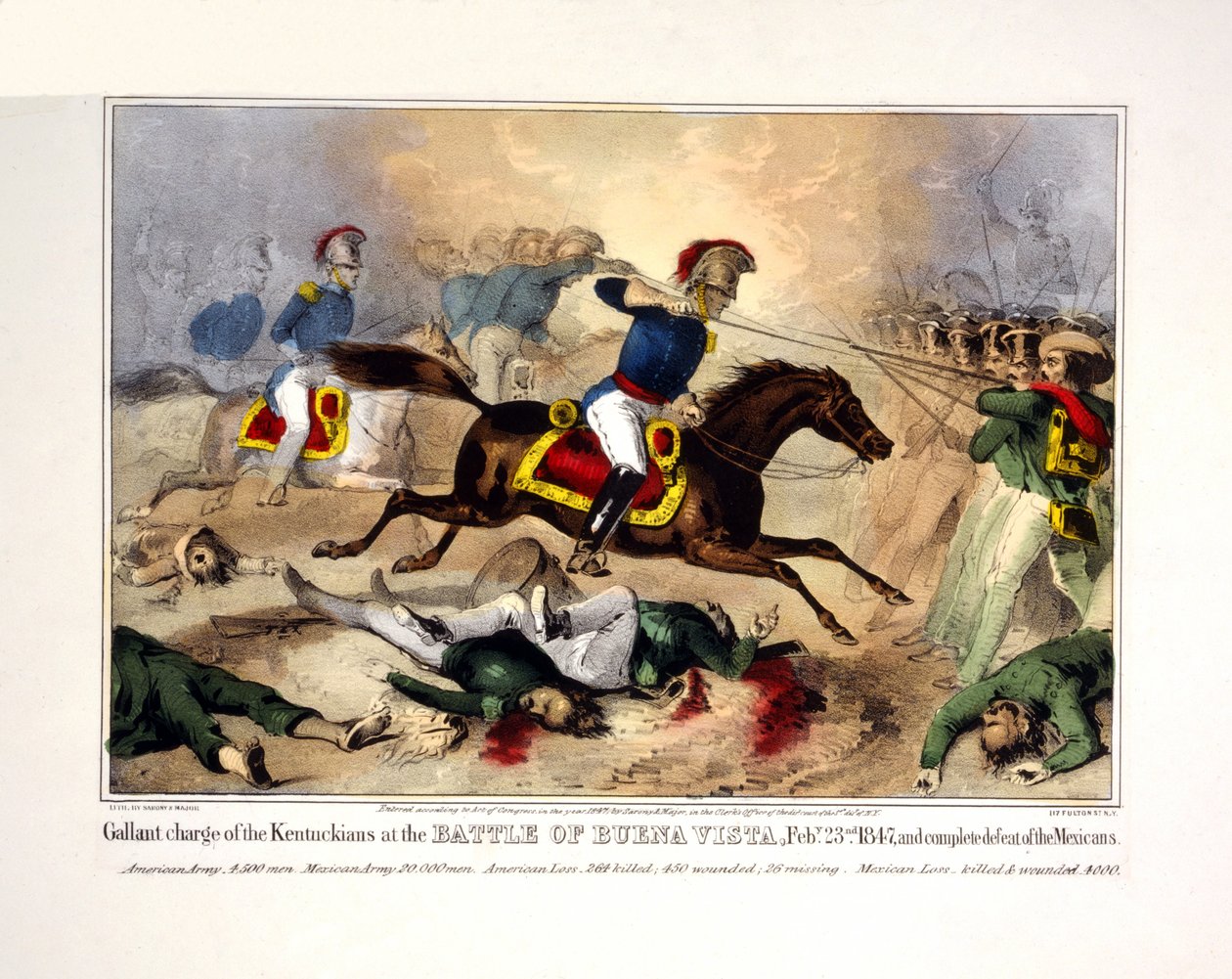 Charge courageuse des Kentuckiens à la bataille de Buena Vista, le 23 février 1847, et défaite complète des Mexicains. 23 février 1847 et défaite complète des Mexicains, pub. 1847 (lithographie coloriée à la main) - American School