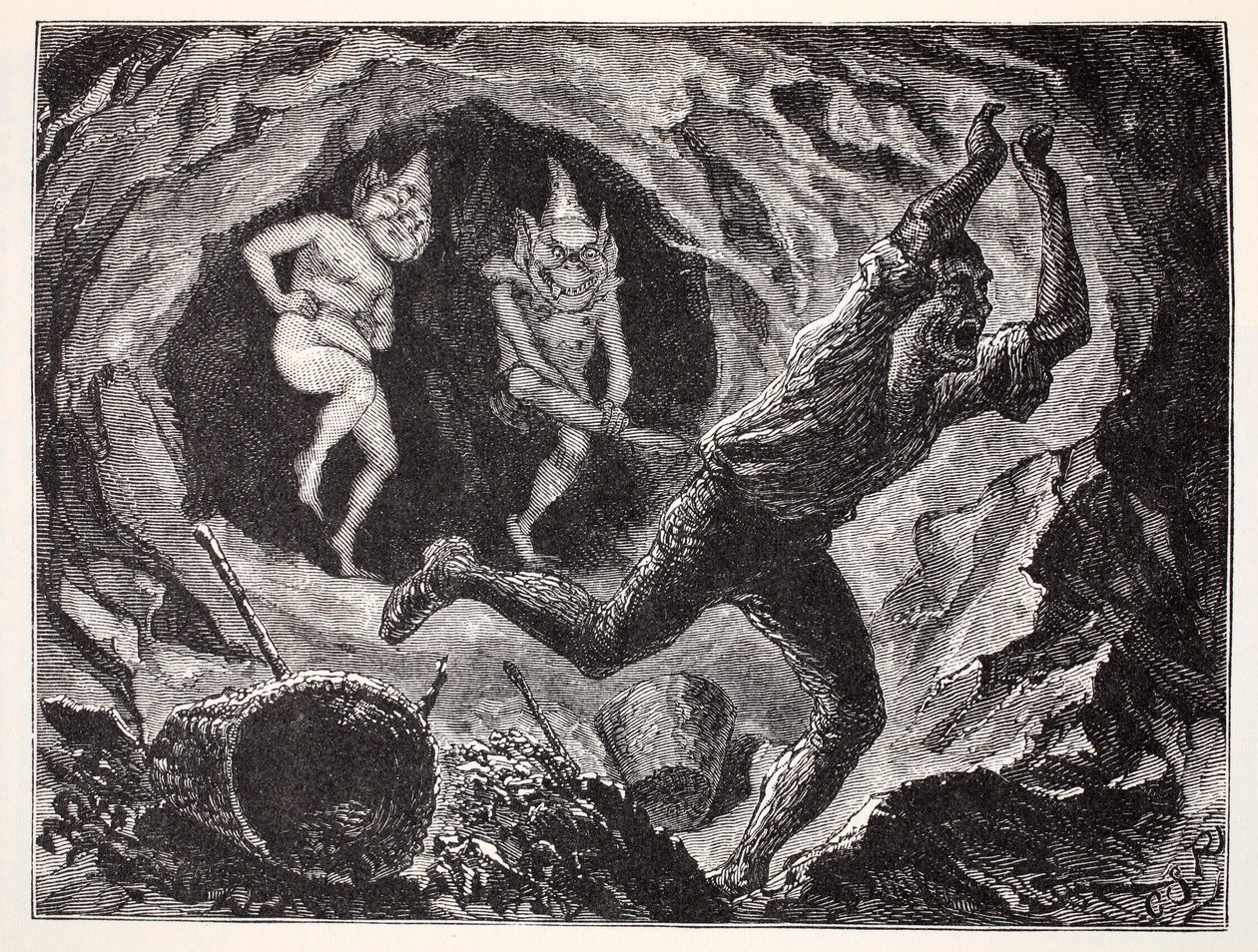 Gnomes terrifiant un mineur, du Guide mondial des gnomes, fées, elfes et autres petits peuples de Thomas Keightley (1789-1872) publié en 1880 - American School