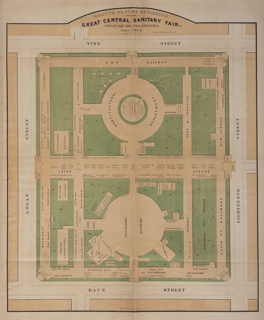 Plan au sol des bâtiments de la Grande Foire Sanitaire Centrale, Logan Square, juin 1864 (lithographie en couleur) - American School