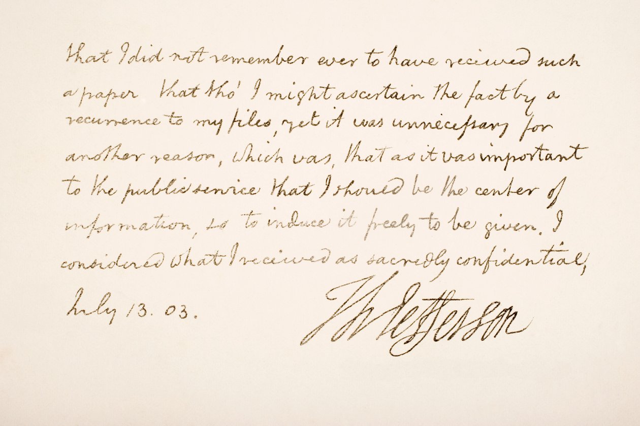 Écriture et signature de Thomas Jefferson, 1803 - American School