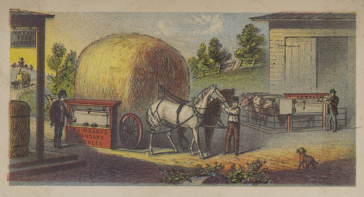 Pesée du foin sur la balance standard de Fairbanks (chromolitho) - American School