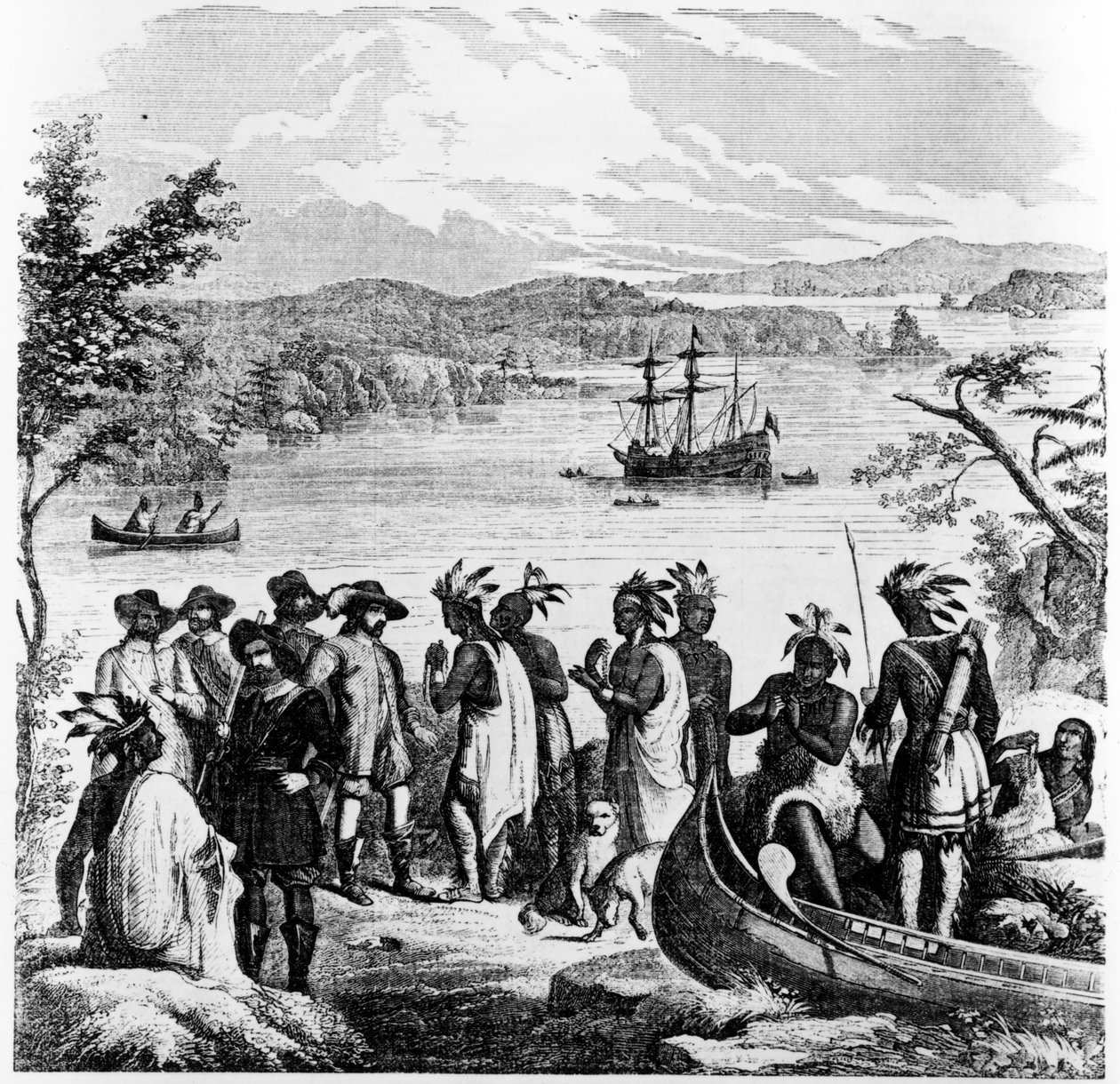 Henry Hudson descendant la rivière Hudson, illustration de Ballou