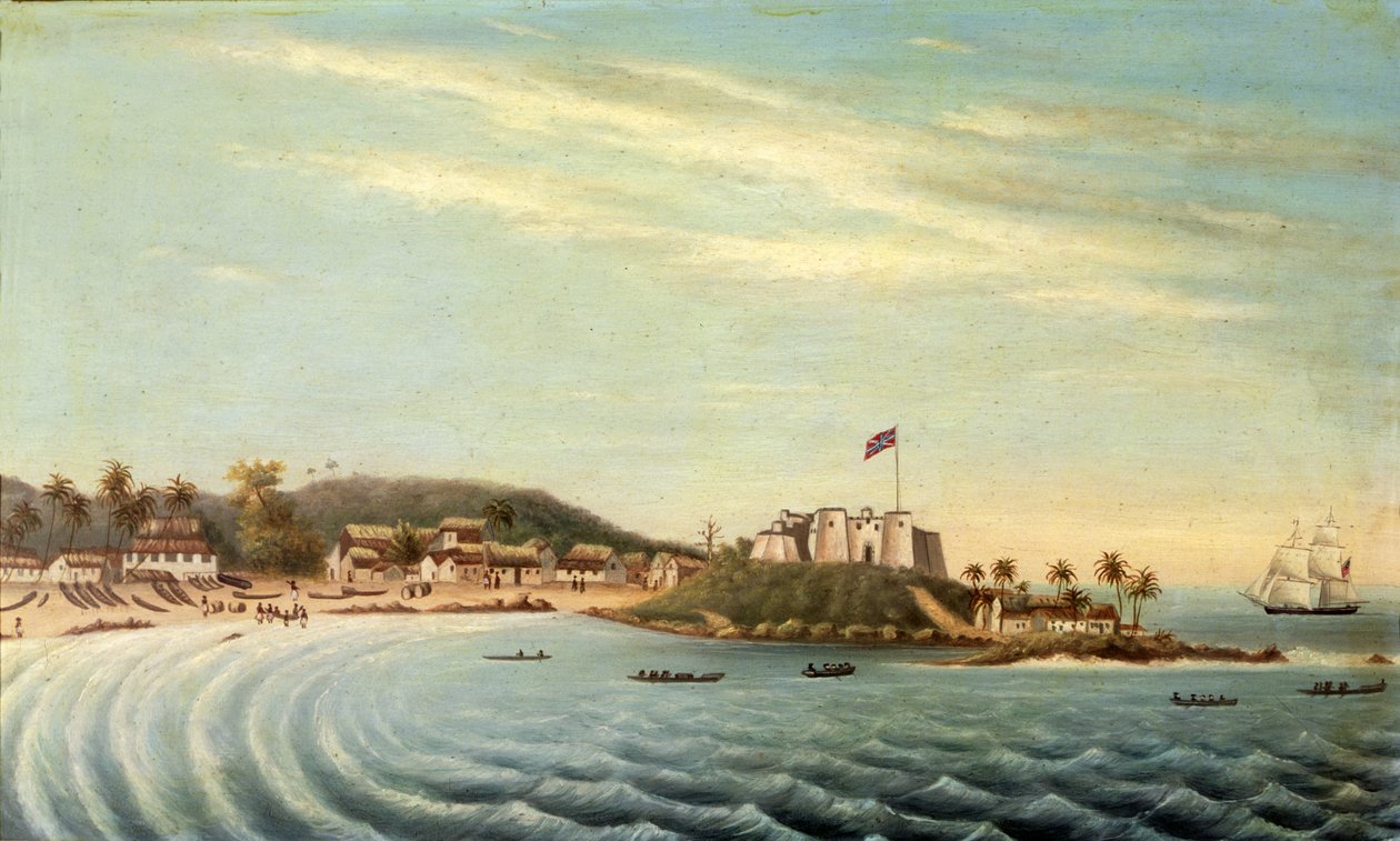 Herald" Brigue entrant à Dixcove, Gold Coast, Afrique (huile sur toile) - American School
