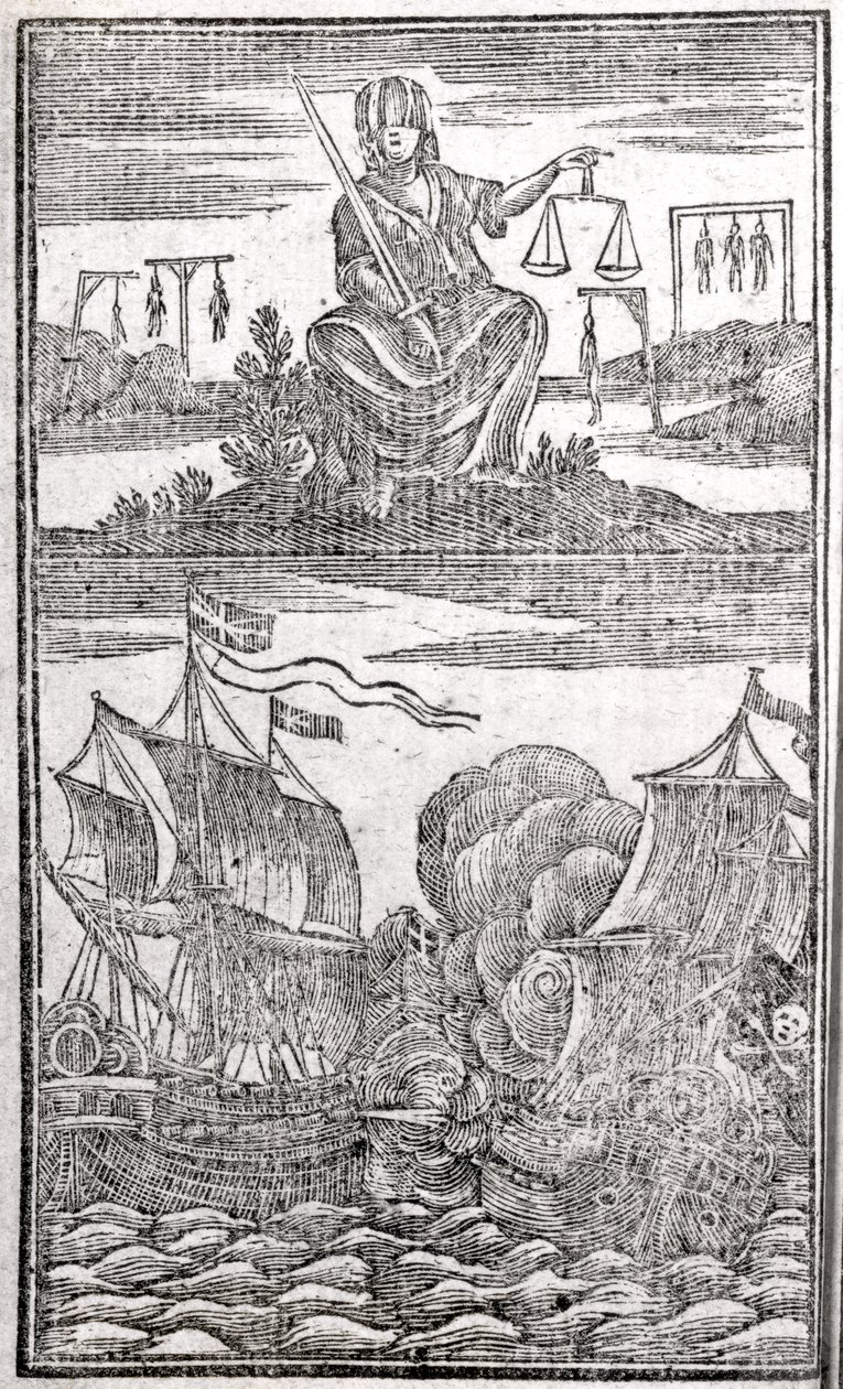 Histoire et vies de tous les pirates les plus notoires et de leurs équipages, frontispice, Londres, 1725 - American School