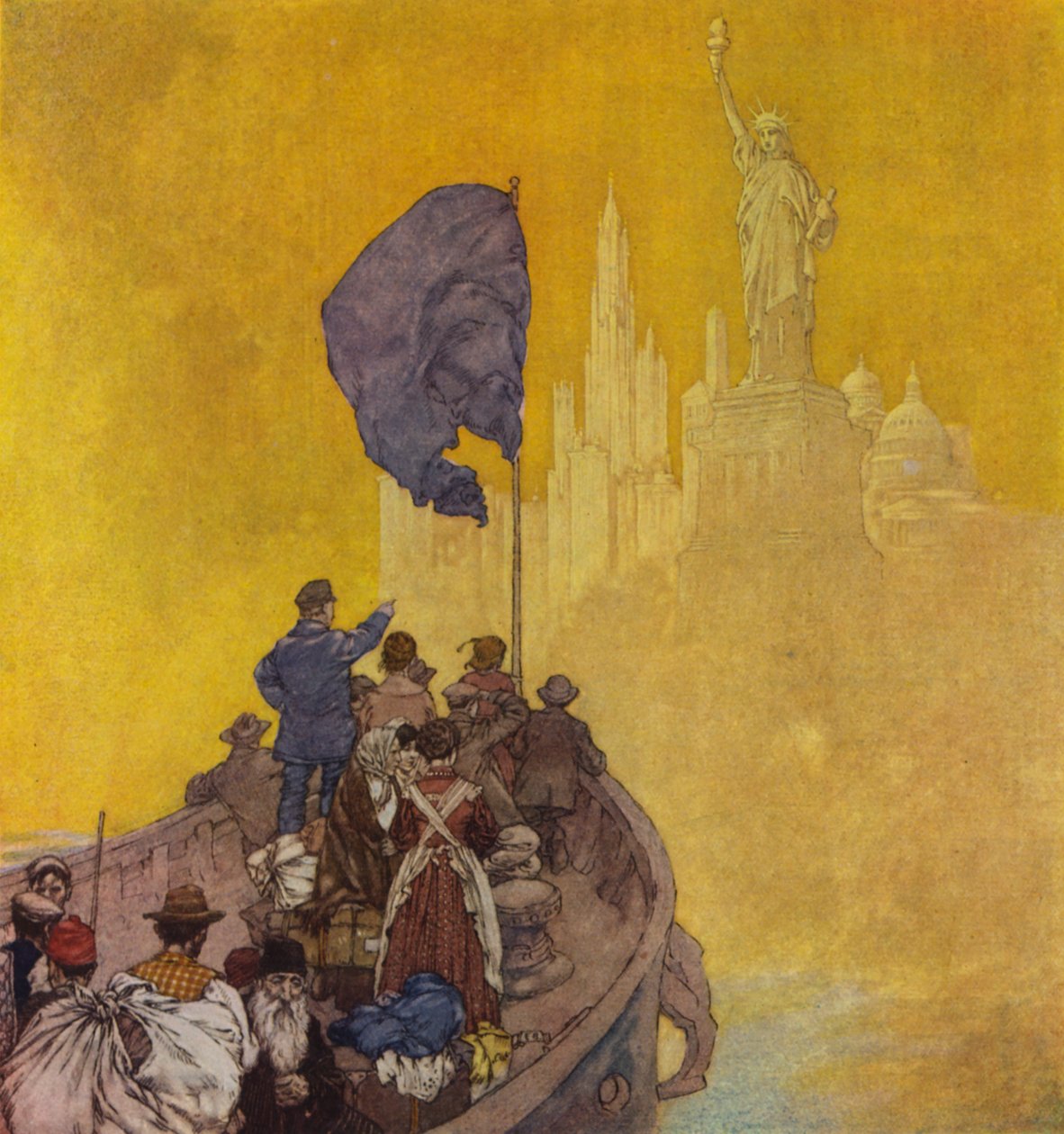 Immigrants, arrivant à New York (litho) - American School