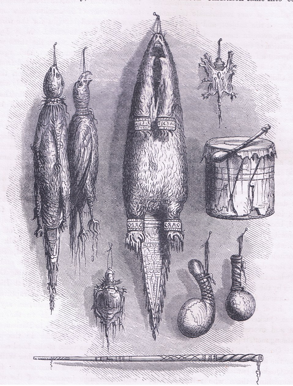 Sac de médecine indien, sifflet mystère, batailles et tambour 1661, illustration de l