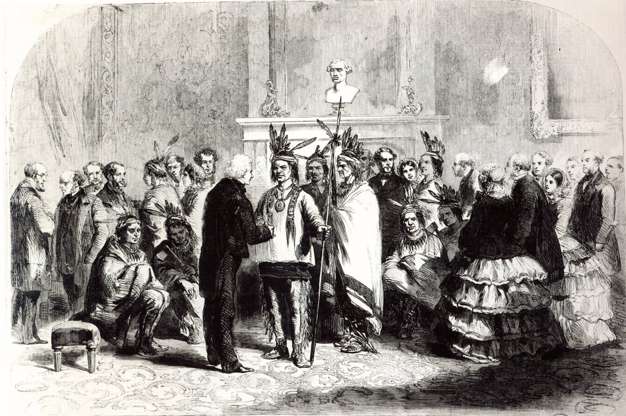 James Buchanan, président des États-Unis, incitant les tribus hostiles des Pawnees et des Poncas à se serrer la main, 1858 - American School