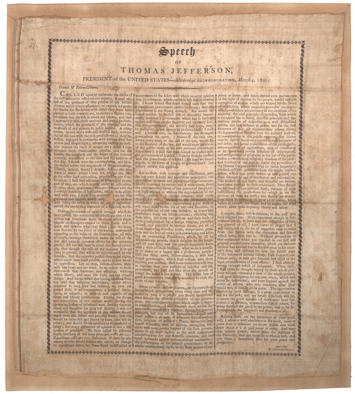 Premier discours inaugural de Jefferson, imprimé par Pechin, Baltimore, 4 mars 1801 - American School