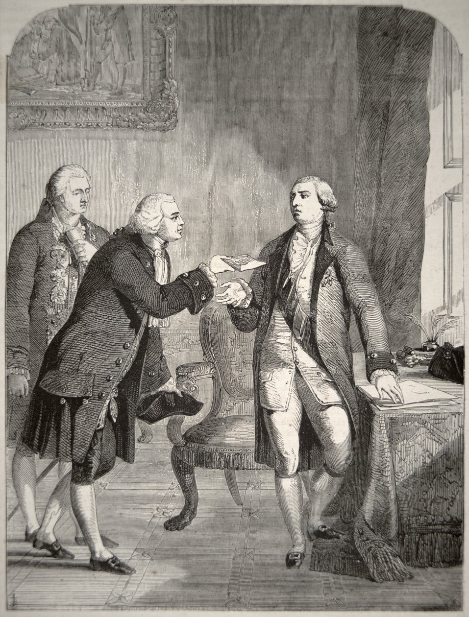 John Adams (1735-1826) en tant que premier ambassadeur américain à la cour anglaise, présentant ses lettres de créance au roi George III (1738-1820) - American School