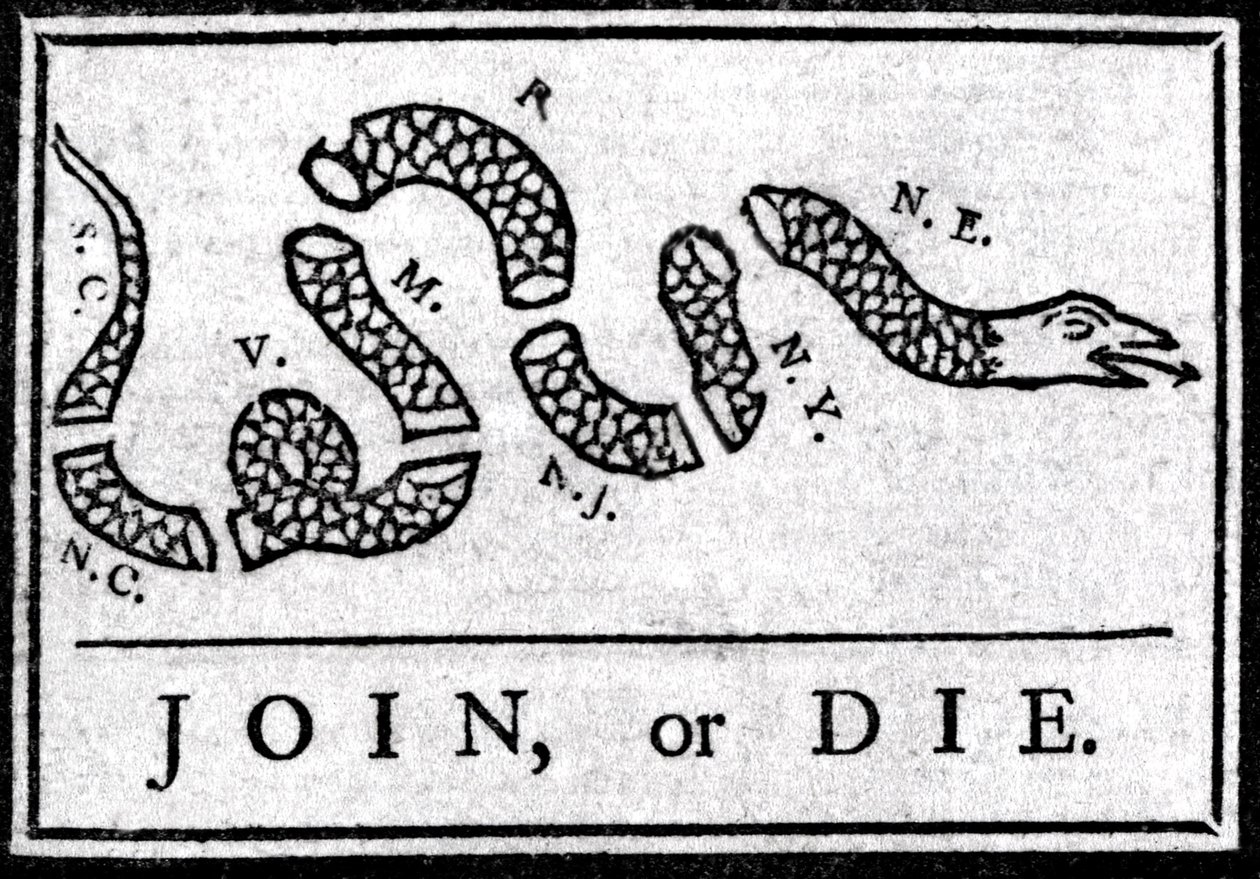Join or Die, dessin, considéré comme le premier dessin politique, publié dans la « Pennsylvania Gazette » par Benjamin Franklin en 1754 - American School