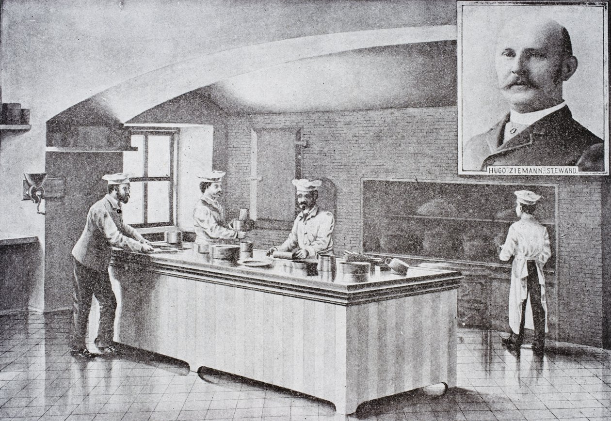 Cuisine de la Maison Blanche dans les années 1890, avec portrait en médaillon de Hugo Ziemann - American School