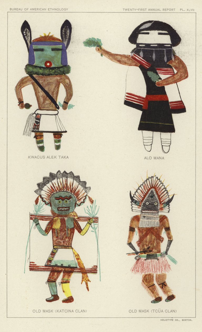 Kwacus Alek Taka, Alo Mana, Vieux masque (clan Katcina), Vieux masque (clan Tcua) (lithographie couleur) - American School