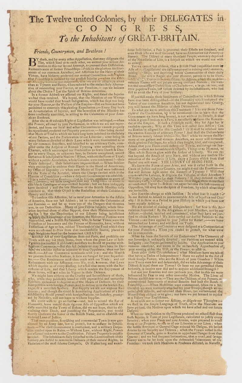 Lettre des Douze Colonies Unies aux habitants de Grande-Bretagne - American School