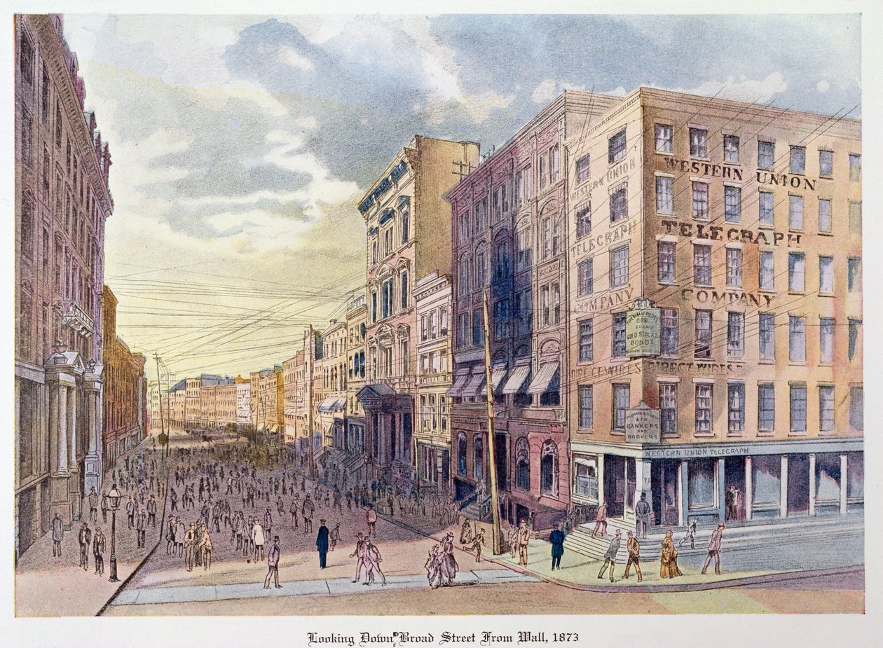 Vue de Broad Street depuis Wall en 1873, illustration de Old New York, yesterday and today par Henry Collins Brown, 1922 - American School