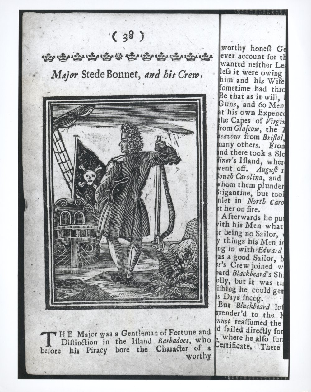 Major Stepe Bonnet, page 38 de Histoires et vies de tous les pirates les plus notoires et de leurs équipages, Londres, 1725 - American School