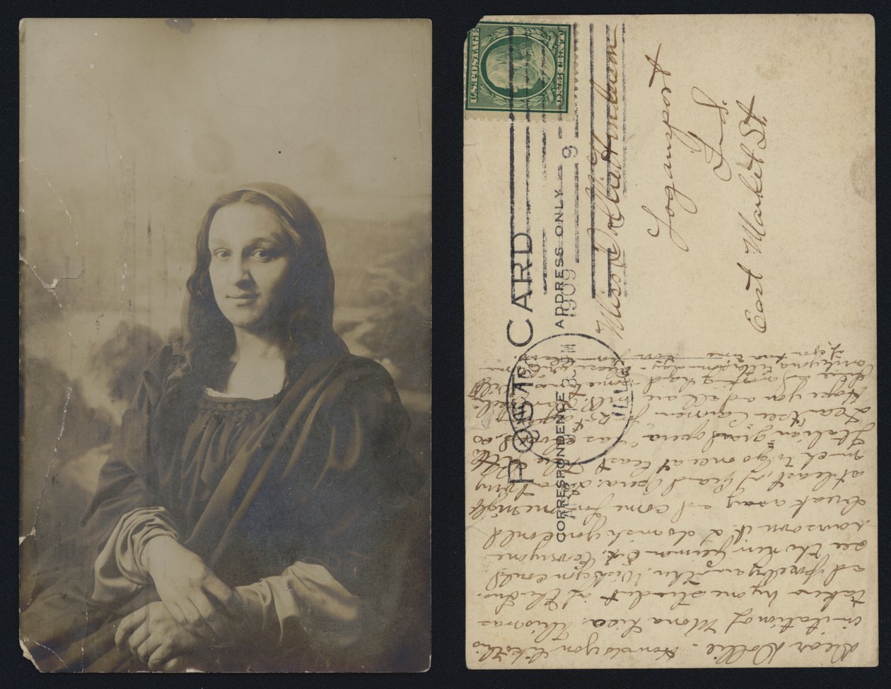 Carte postale de la Joconde envoyée aux États-Unis - American School