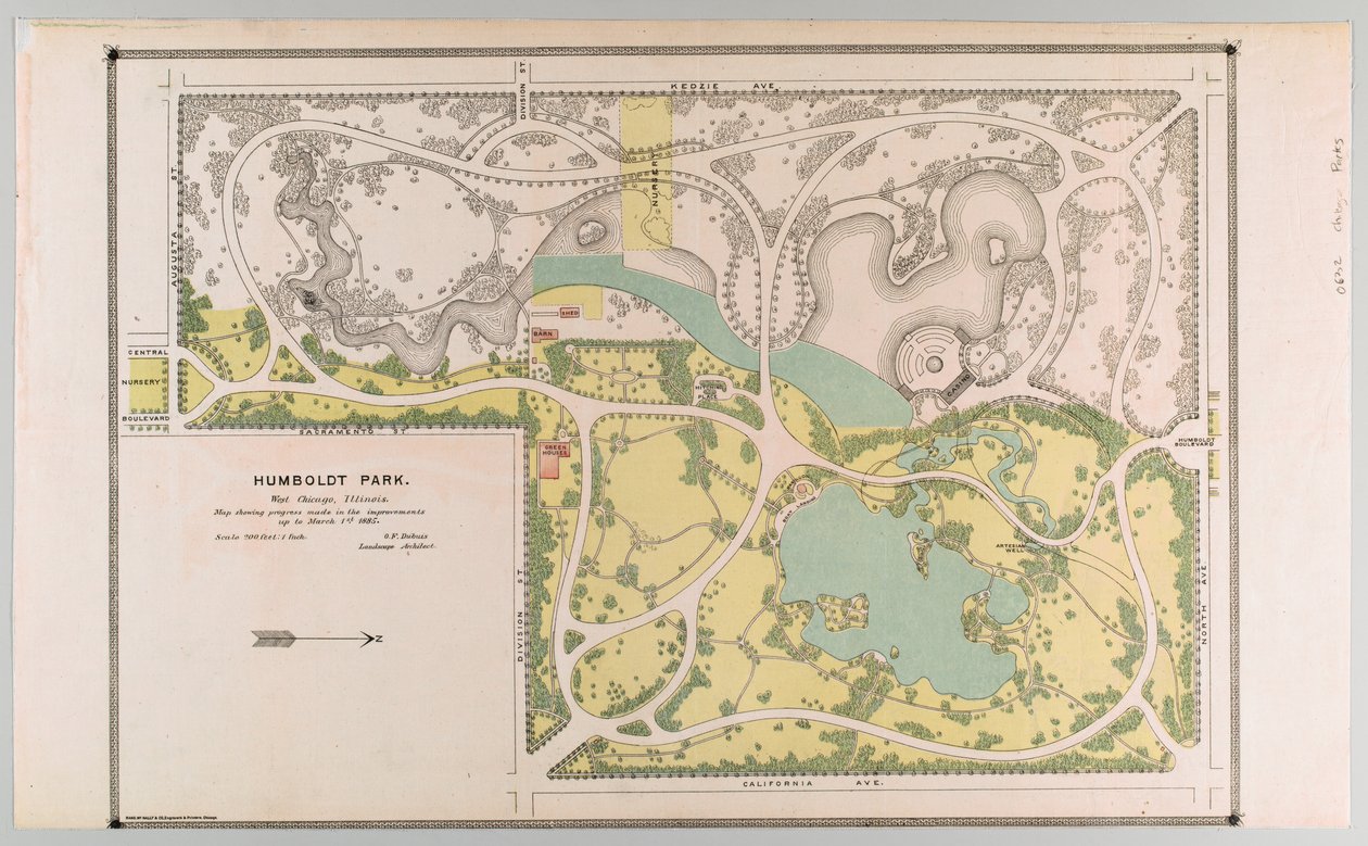 Carte de Humboldt Park montrant les améliorations du parc, Chicago, Illinois - American School