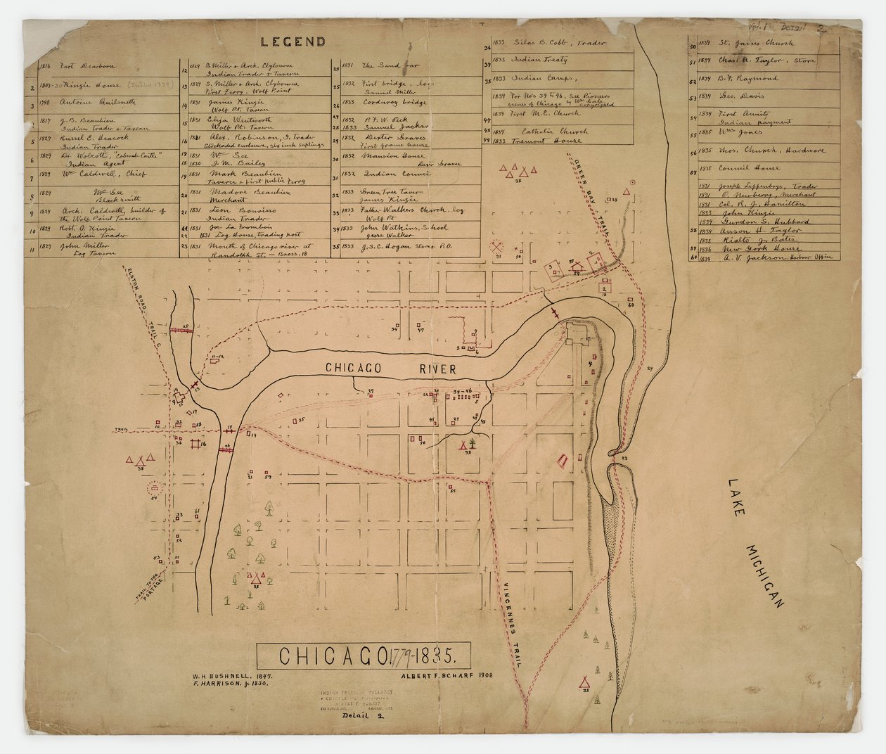 Carte des maisons et sites historiques de Chicago, Illinois, vers 1835 - American School